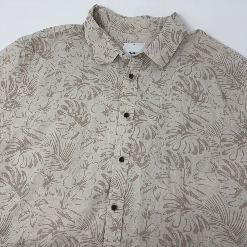 Katin Moco Mens XL Short Sleeve Woven Shirt Floral Tan Cotton Linen Blend